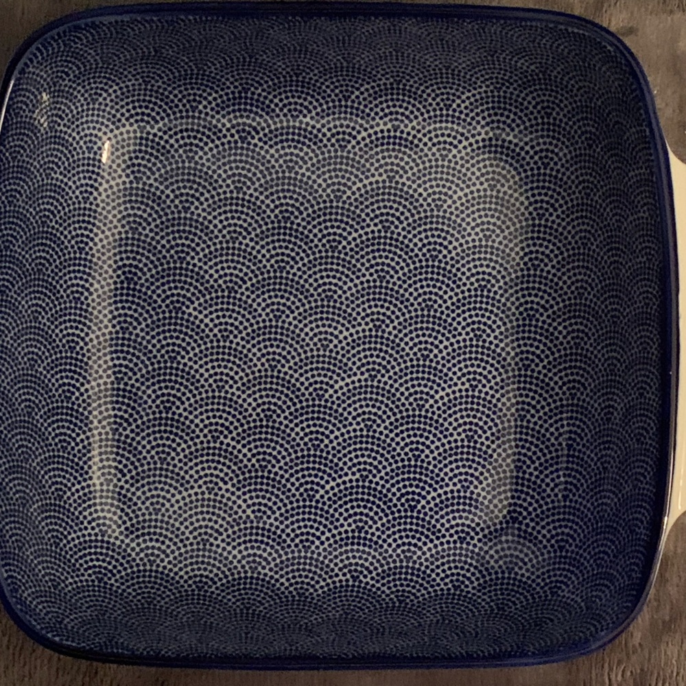 Blue and White Patterned Square Serving Ware with Handles
